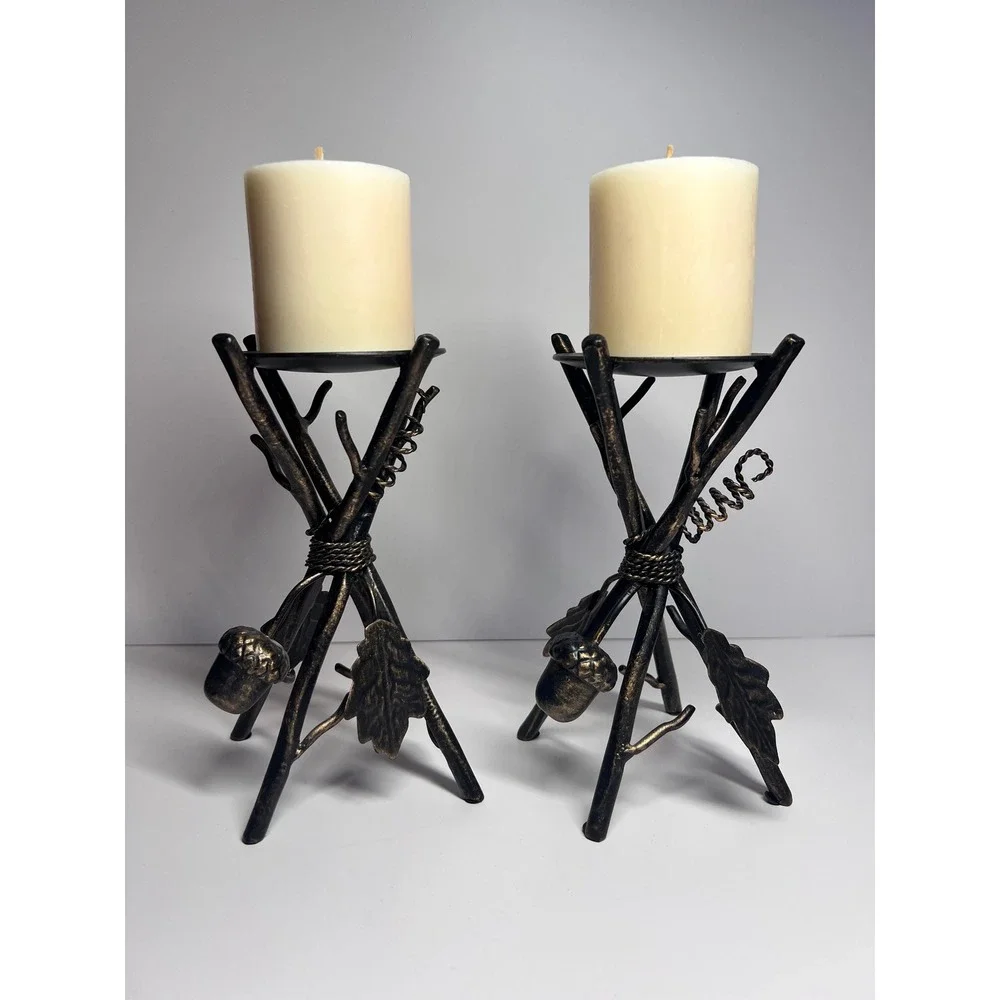 Vintage Rustic Metal Branch Acorn Pillar Candle Holders Set of 2 Bronze Finish